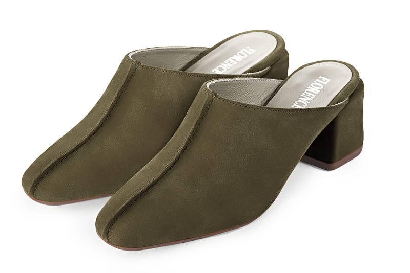 Khaki green women's clog mules. Square toe. Medium block heels. Front view - Florence KOOIJMAN